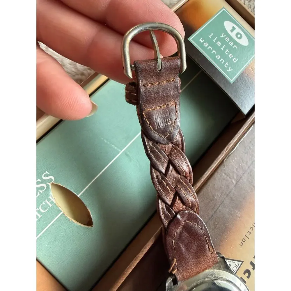 Vintage Guess Quartz Green Face Watch Braided Leather Band In Box